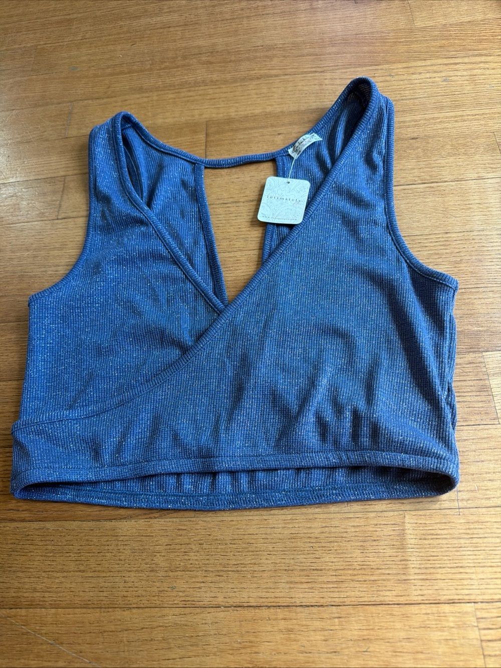 NWT Free People Small Intimately Blue Metallic Ribbed Wrap Crop Top Bralette - Picture 2 of 6